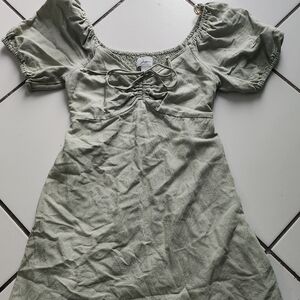 Japna Sage Green Puff-Sleeve Tie-Front Casual Dress